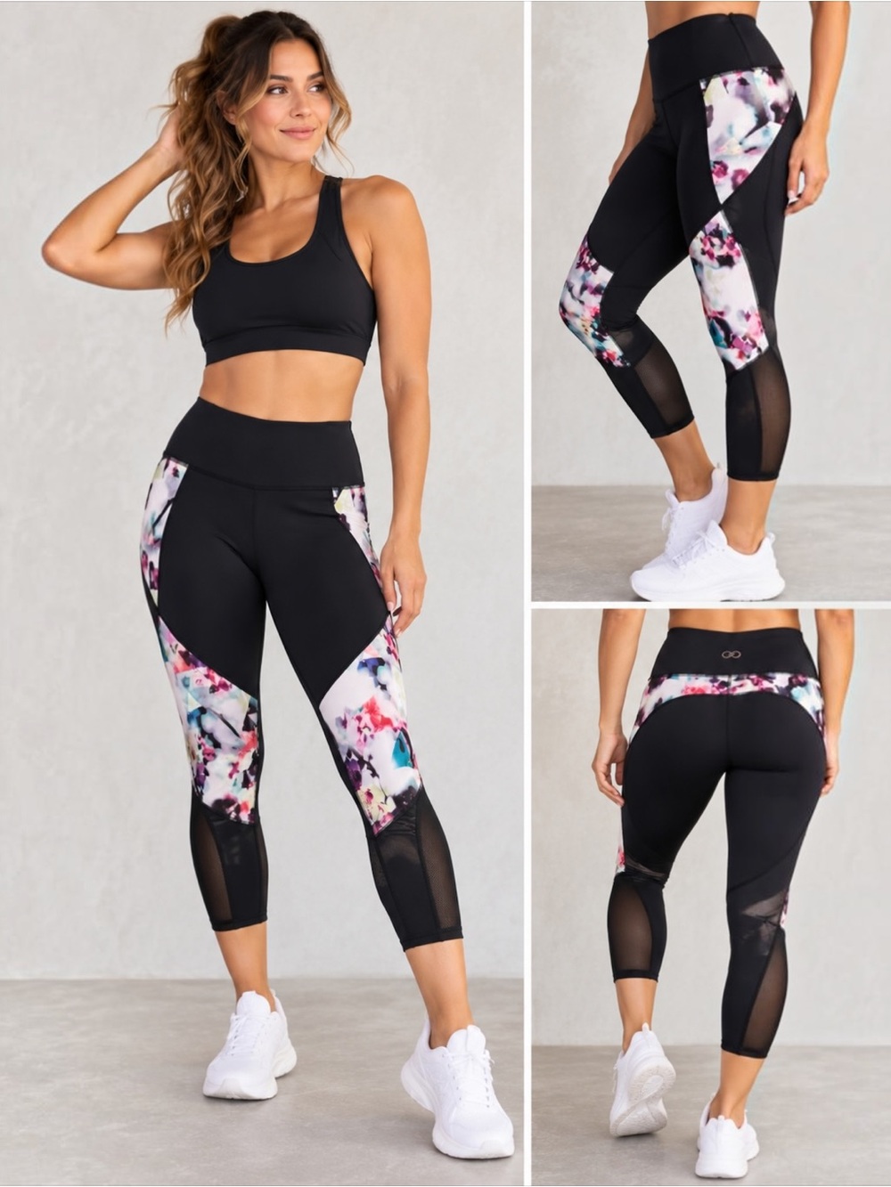 CALIA by Carrie Underwood Floral Mesh Panel Capri Leggings Black XL